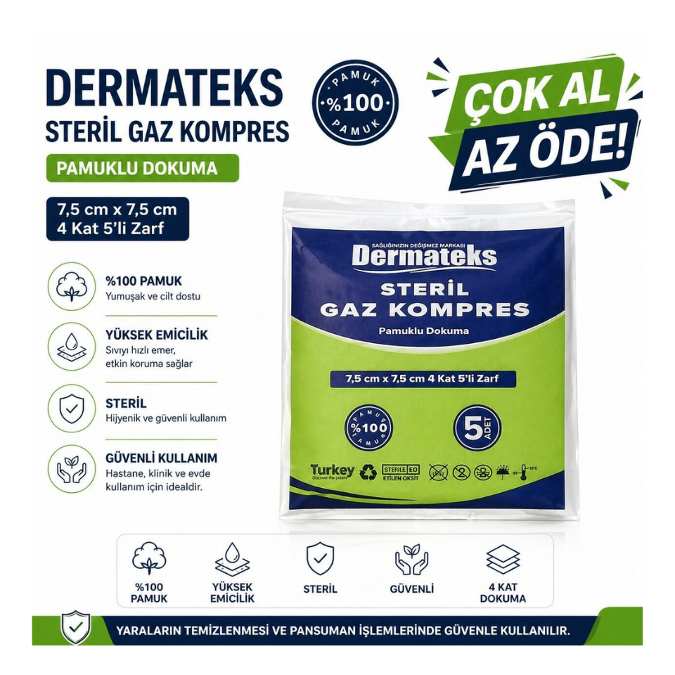 Dermateks Steril Gaz Kompres 7,5x7,5 cm 4 Kat 5’li Zarf 100 Adet