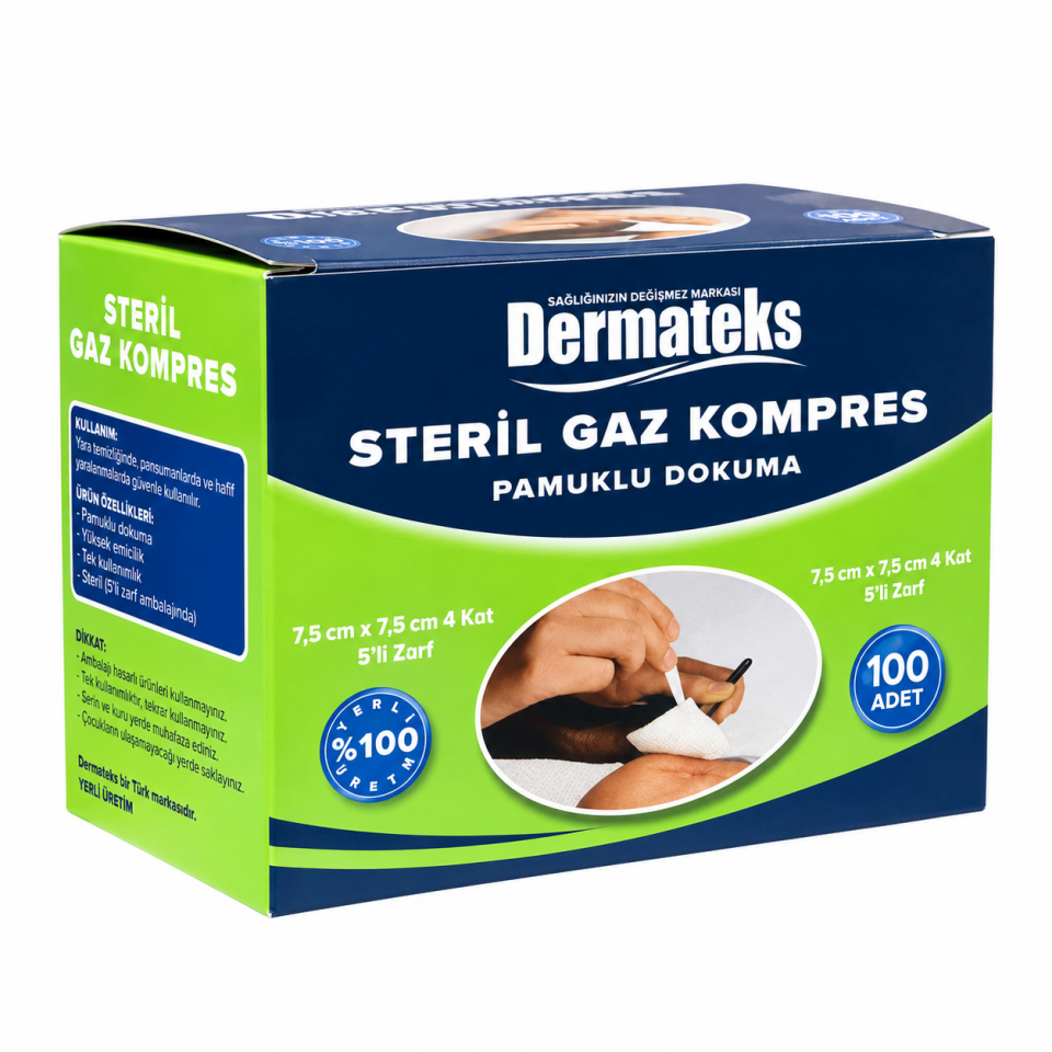 Dermateks Steril Gaz Kompres 7,5x7,5 cm 4 Kat 5’li Zarf 100 Adet