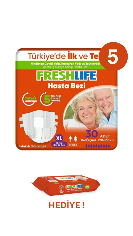 Freshlife Hasta Bezi XL Bel Bantlı 5 Paket 150 Adet + Freshlife Vücut Temizleme Mendili Hediye !