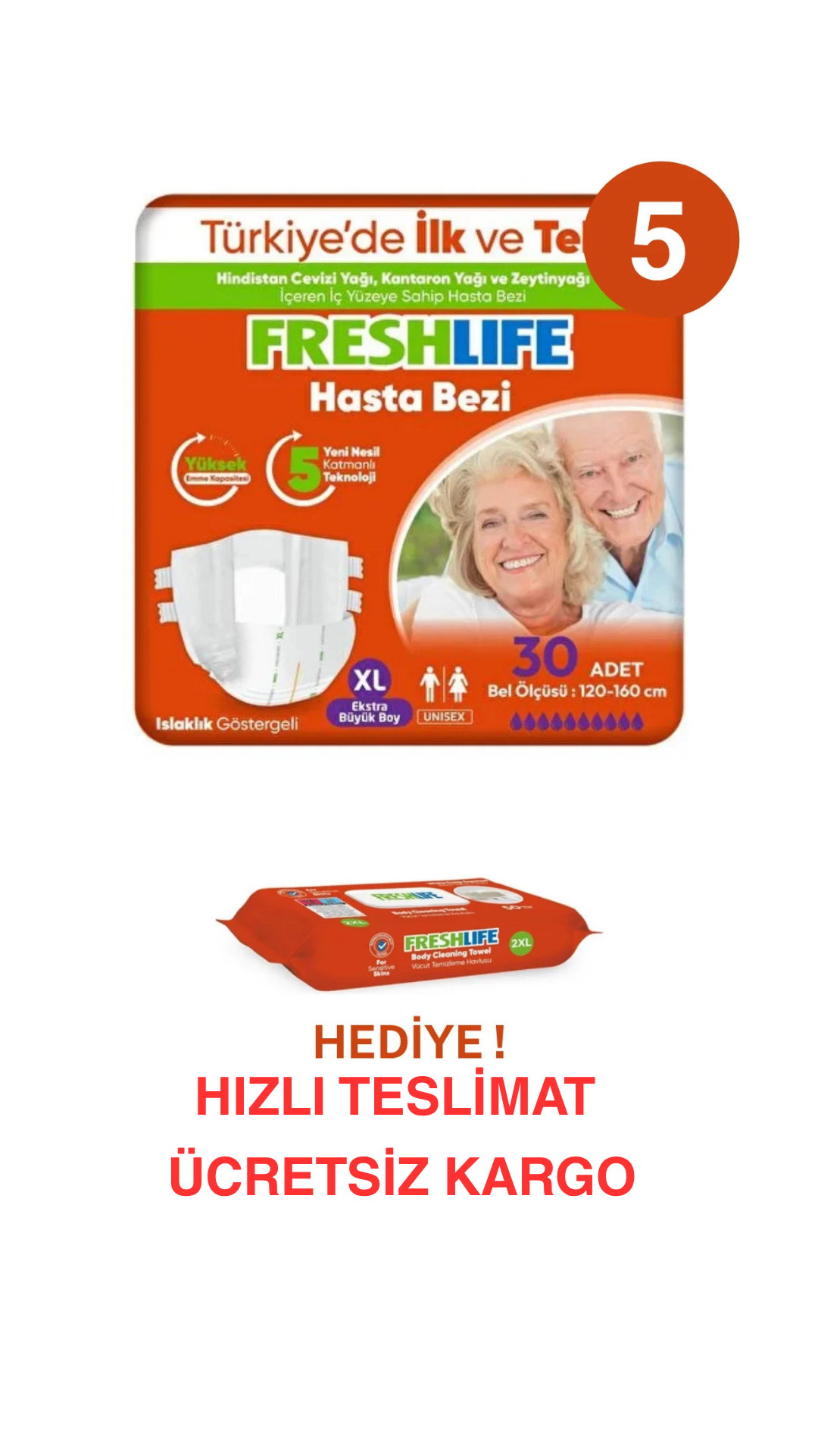 Freshlife Hasta Bezi XL Bel Bantlı 5 Paket 150 Adet + Freshlife Vücut Temizleme Mendili Hediye ! Maksimum Emicilik & Maksimum Konfor ( EKONOMİK PAKET )