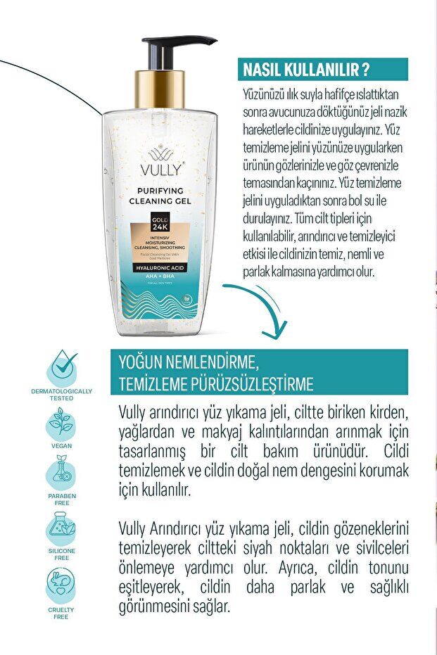 VULLY 24k Arındırıcı Nemlendirici Gözenek Sıkılaştırıcı Yüz Temizleme Jeli 200 ML
