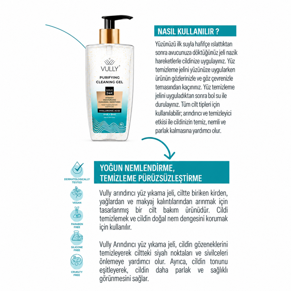 VULLY 24k Nemlendirici Yüz Temizleme Jeli 200 ML