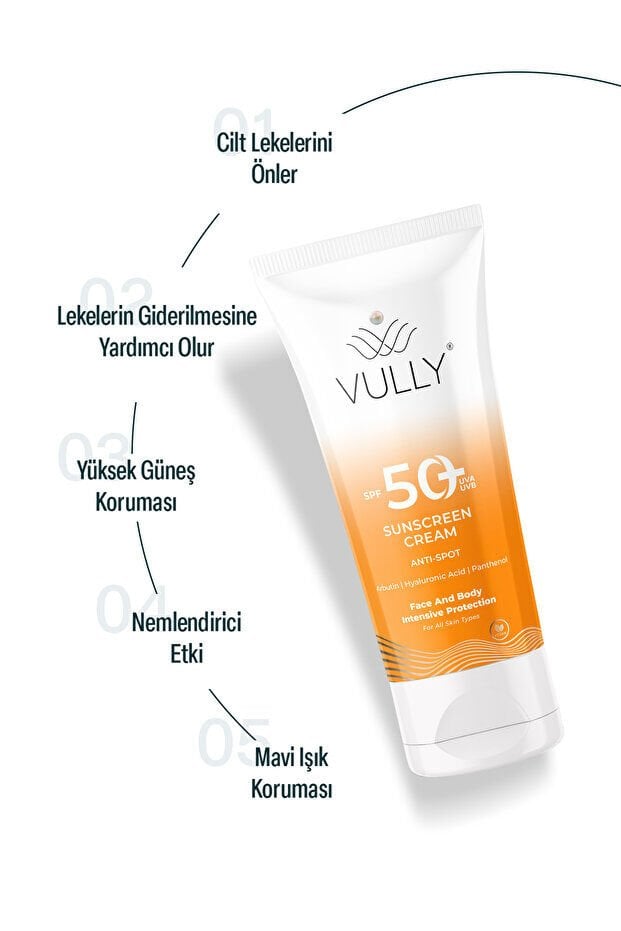VULLY Leke Karşıtı - Aydınlatıcı ve Nemlendirici Yüksek Koruyucu Spf+50 Yüz ve Vücut Güneş Kremi 50 Ml