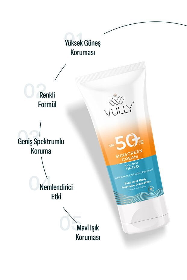 VULLY Leke Karşıtı - Cilt Tonu Eşitleyici Renkli Kapatıcı Etkili Yüksek Koruyucu Spf+50 Güneş Kremi 50 Ml