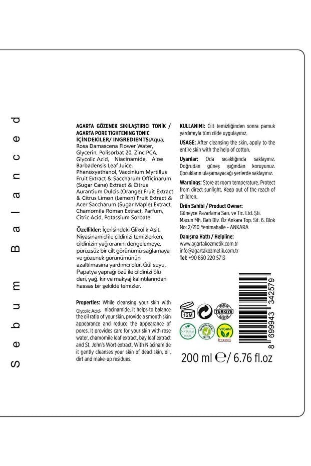 Agarta Gözenek Sıkılaştırıcı Akne Ve Sivilce Karşıtı Tonik (KARMA CİLTLER) Glycolic Acid-zinc Pca 200ml