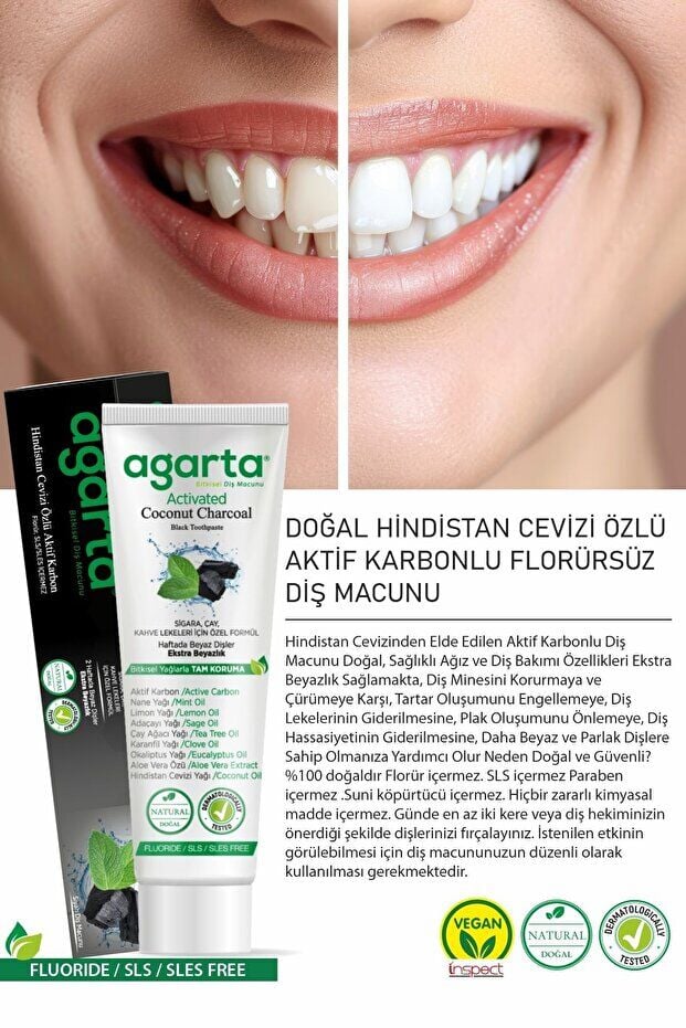 Agarta Doğal Hindistan Cevizi Özlü Aktif Karbonlu Florürsüz Diş Macunu 100 ml