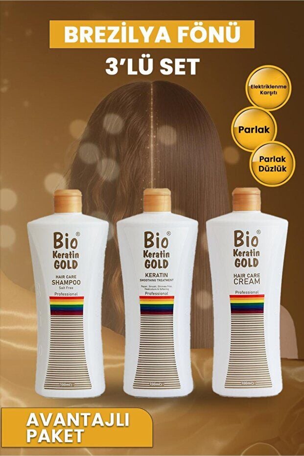 Bio Keratin Gold Brezilya Fönü 3'lü Set - Şampuan + Saç Kremi + Keratin