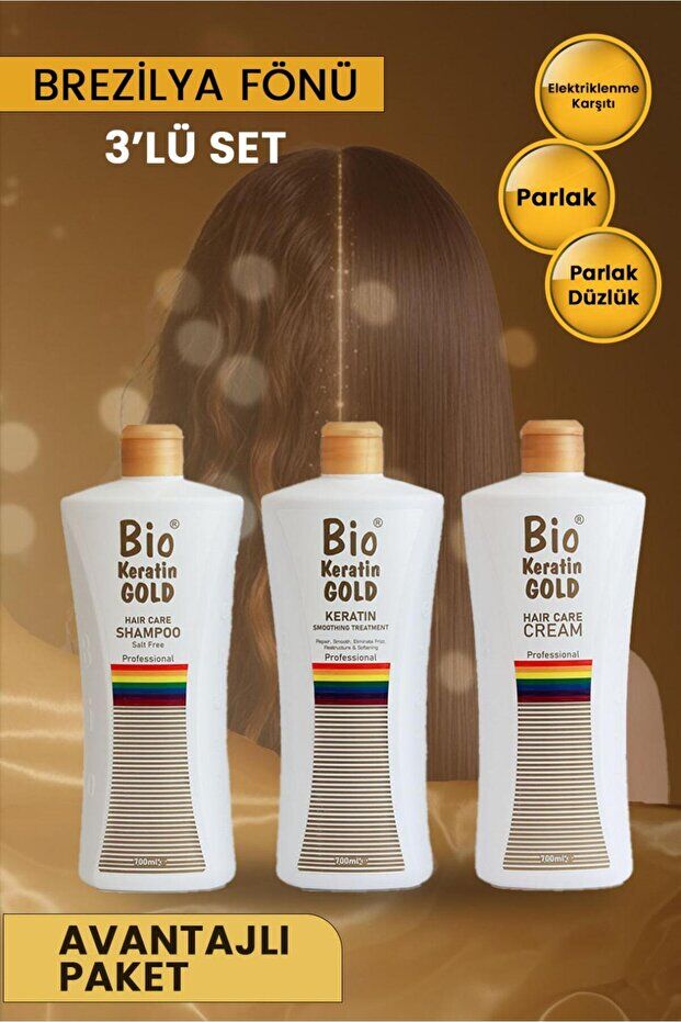 Bio Keratin Gold Brezilya Fönü 3'lü Set - Şampuan + Saç Kremi + Keratin