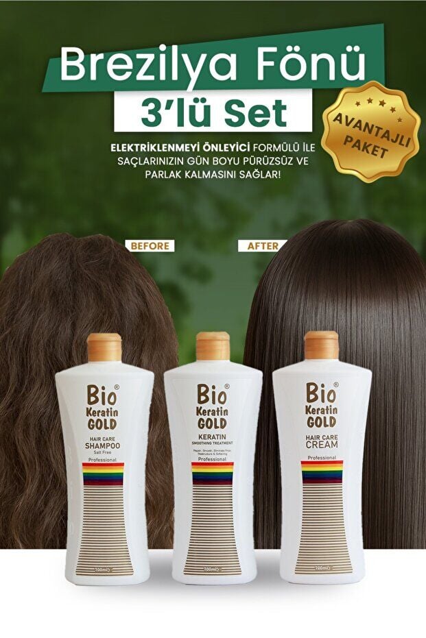 Bio Keratin Gold Brezilya Fönü 3'lü Set - Şampuan + Saç Kremi + Keratin