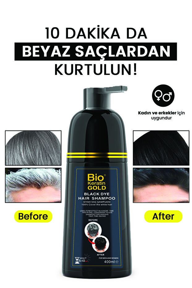 Bio Keratin Gold Saç Siyahlaştırıcı Beyaz Kapatıcı Hızlı Etkili Siyah Boya Şampuanı 400ml