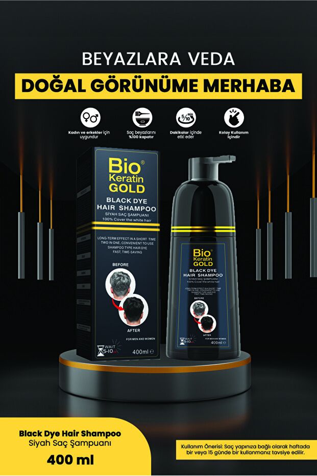 Bio Keratin Gold Saç Siyahlaştırıcı Beyaz Kapatıcı Hızlı Etkili Siyah Boya Şampuanı 400ml