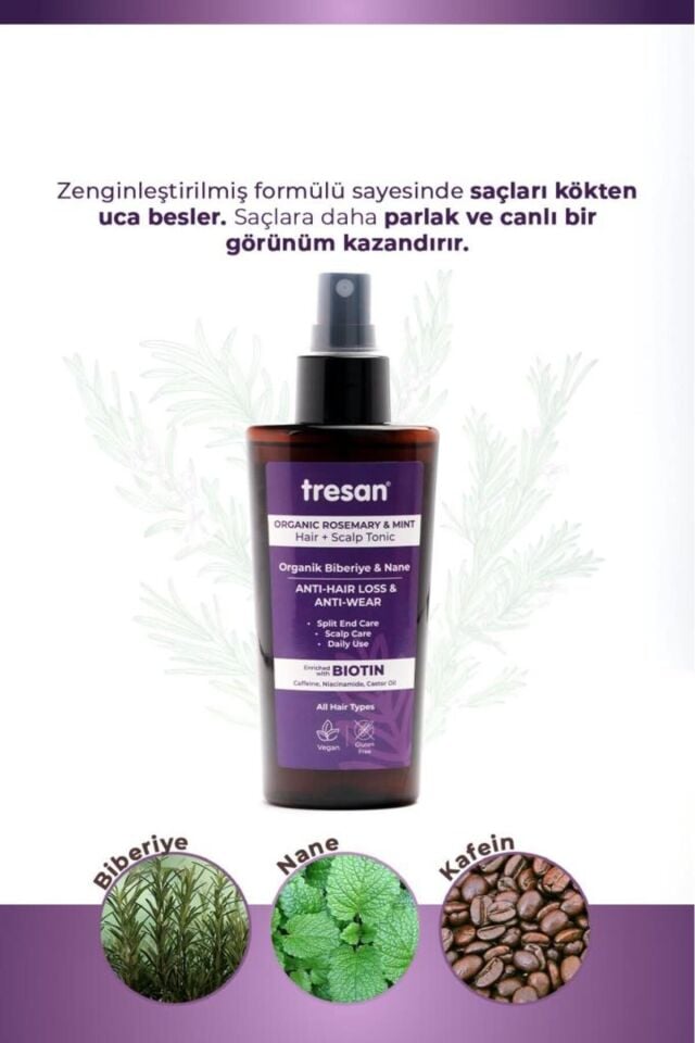 Tresan Organik Biberiye & Nane Dökülme Karşıtı Kompleks Saç Toniği – Biotin ve Kafein (125 ml)