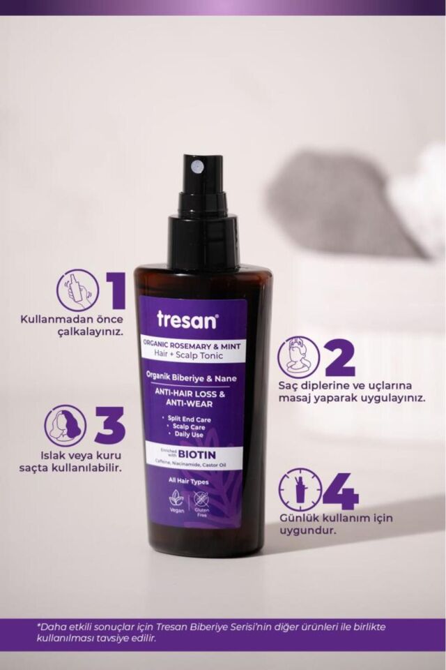 Tresan Organik Biberiye & Nane Dökülme Karşıtı Kompleks Saç Toniği – Biotin ve Kafein (125 ml)