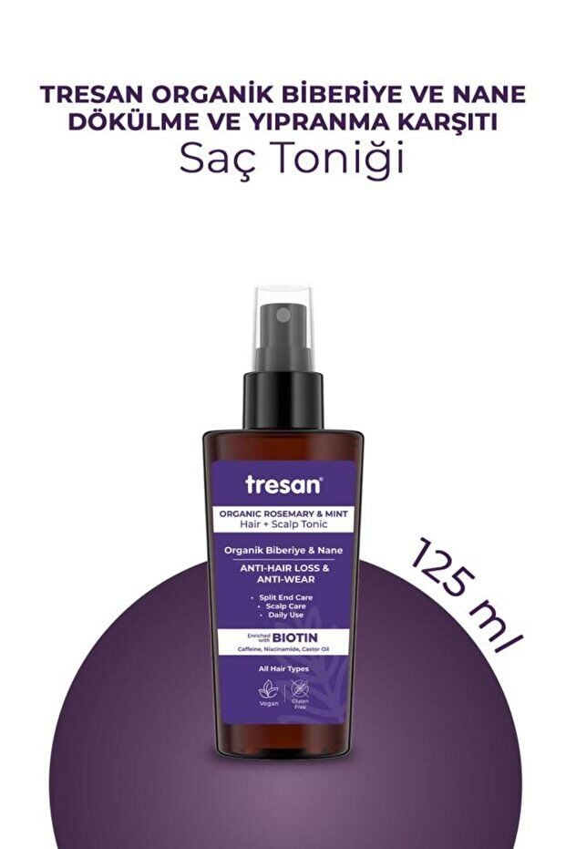 Tresan Organik Biberiye & Nane Dökülme Karşıtı Kompleks Saç Toniği – Biotin ve Kafein (125 ml)