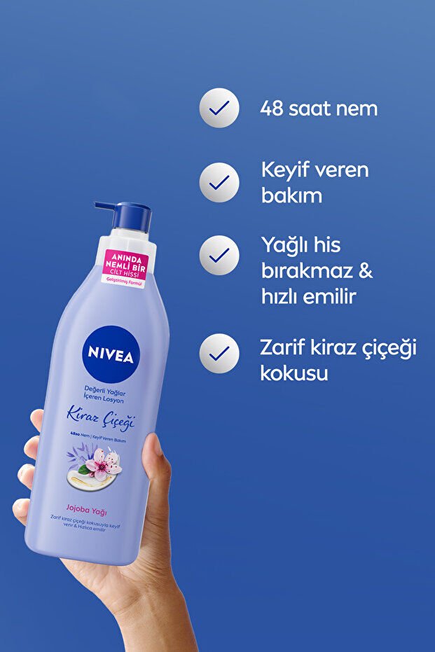 NIVEA Değerli Yağlar Içeren Nemlendirici Vücut Losyonu 400ml, Kiraz Çiçeği, Jojoba Yağı, Kuru Cilt Tipleri