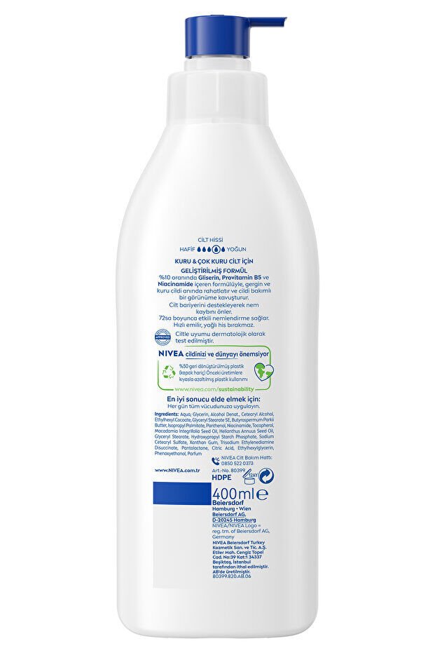 NIVEA Vücut Losyonu Repair Care 400 ml,72 Saat Nemlendirici,Kuru Cilt,Kaşıntılı ve Hassas Ciltlere Özel