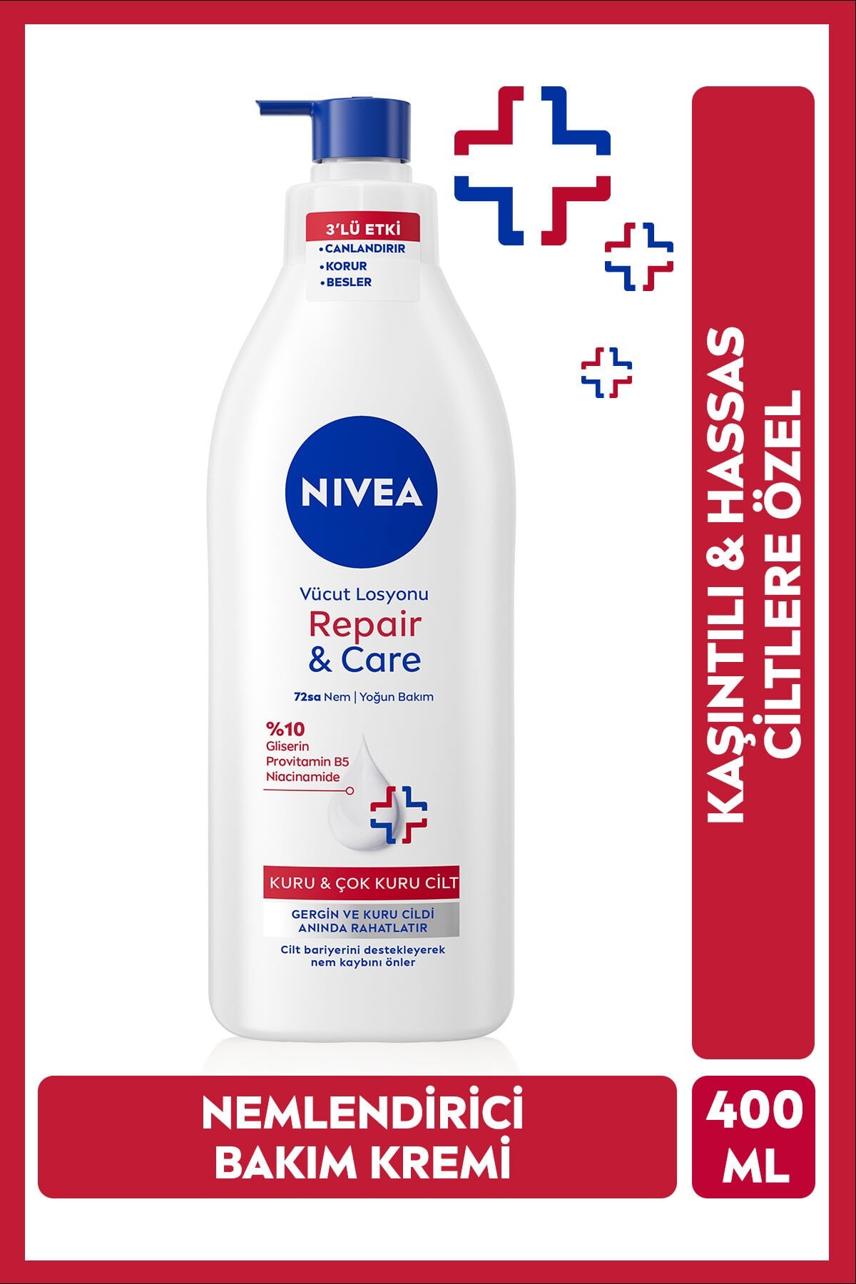 NIVEA Vücut Losyonu Repair Care 400 ml,72 Saat Nemlendirici,Kuru Cilt,Kaşıntılı ve Hassas Ciltlere Özel