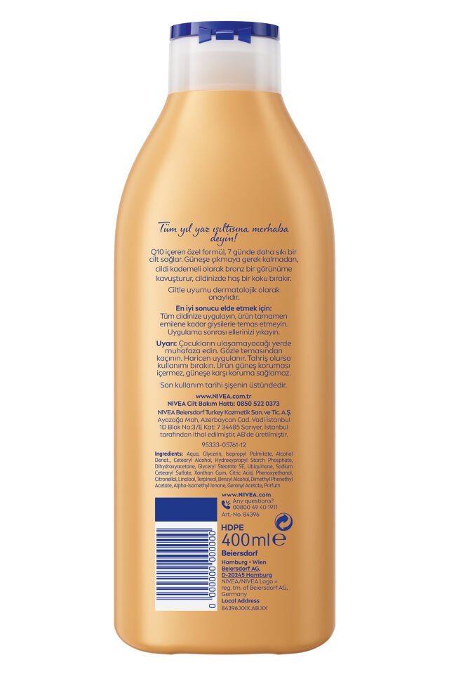 NIVEA Q10 Sıkılaştırıcı Bronzlaştırıcı Vücut Losyonu 400ml, 7 Günde Sıkılaşma,Açık Buğday Ten,Normal Cilt