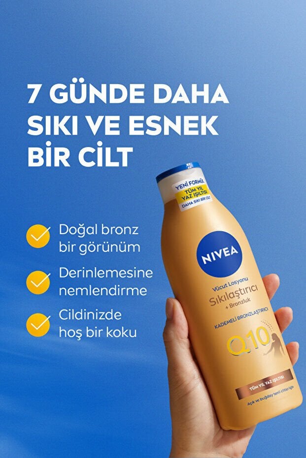 NIVEA Q10 Sıkılaştırıcı ve Bronzlaştırıcı Vücut Losyonu 250ml, Nemlendirici, Kademeli Bronzluk, Esnek Cilt