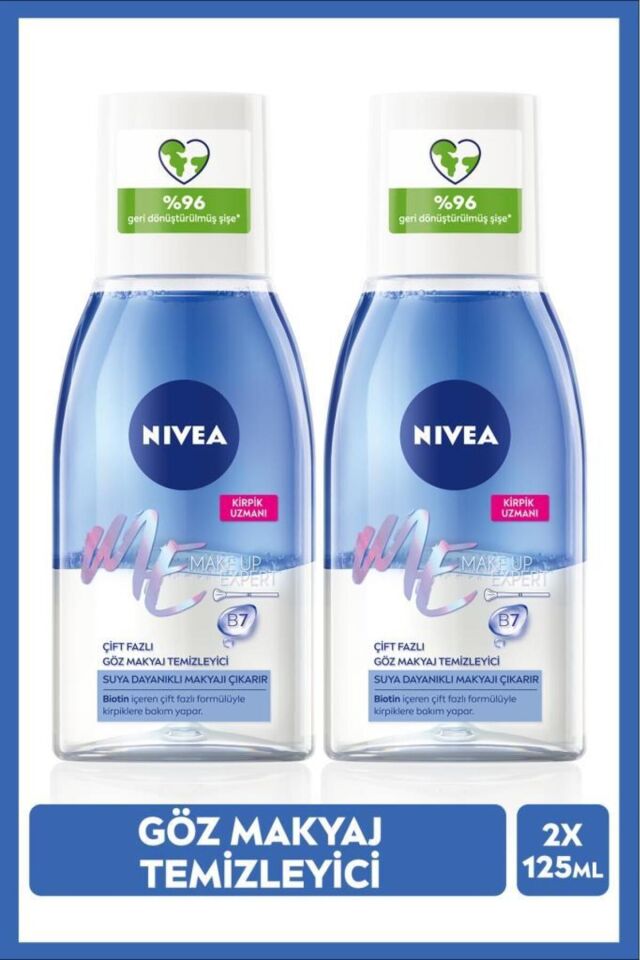 NIVEA Çift Fazlı Göz Makyaj Temizleyici 125ml, Etkili Makyaj Temizleyici, Hassas Kirpik Bakımı, X2 Adet