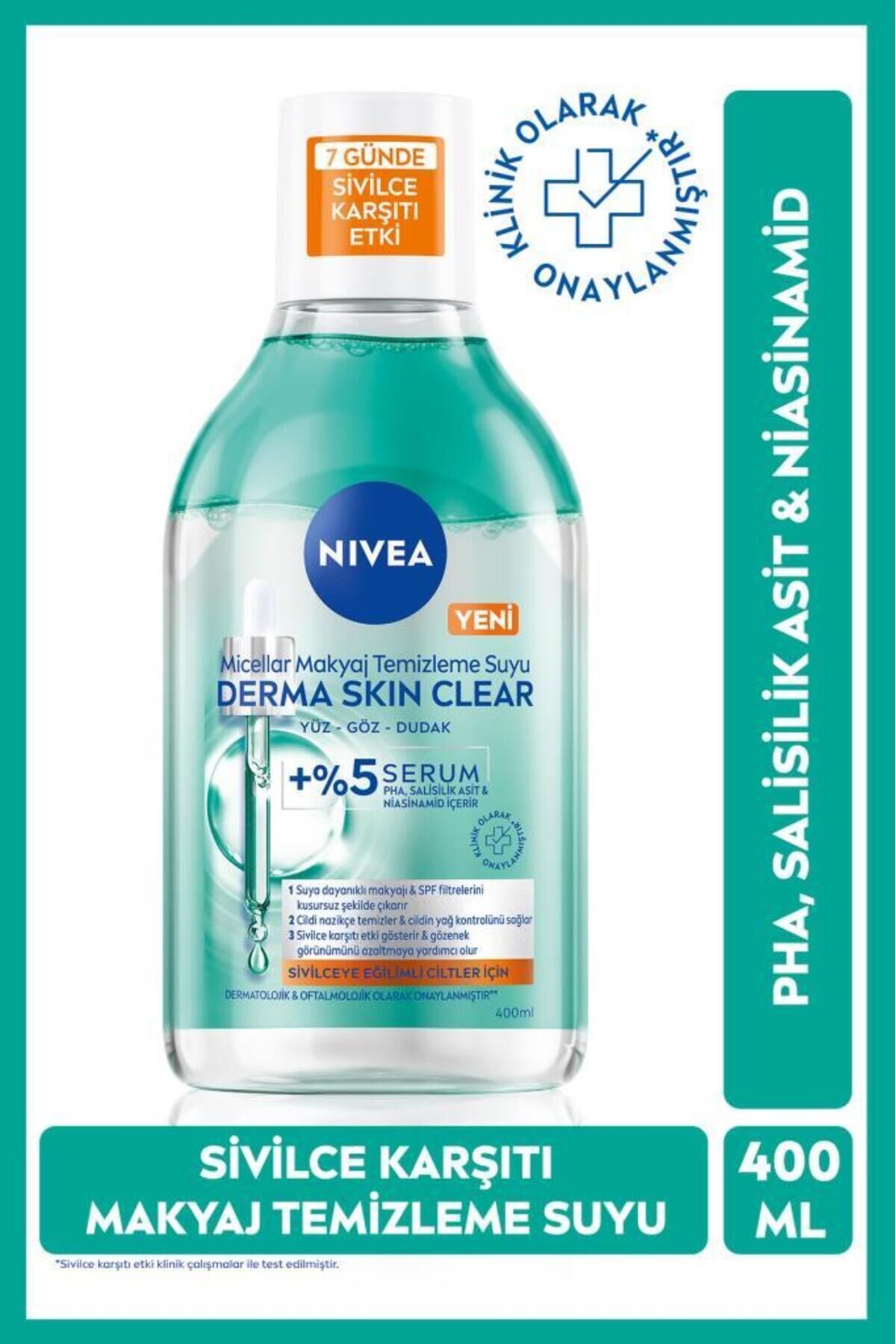 NIVEA Micellar Makyaj Temizleme Suyu Derma Skin Clear 400 ml,Sivilce Karşıtı,Niasinamid,Salisilik Asit,PHA