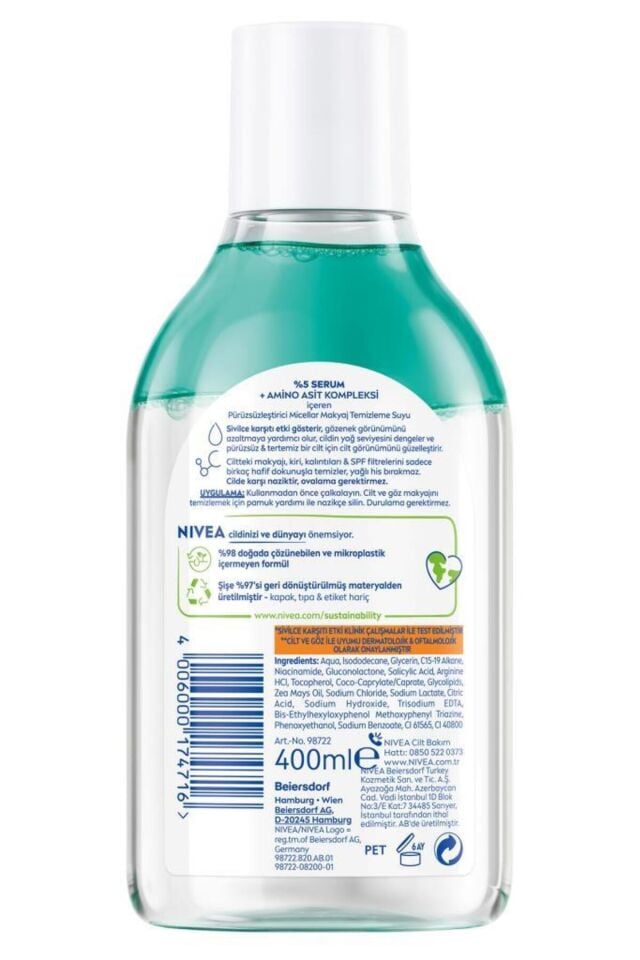 NIVEA Micellar Makyaj Temizleme Suyu Derma Skin Clear 400 ml,Sivilce Karşıtı,Niasinamid,Salisilik Asit,PHA