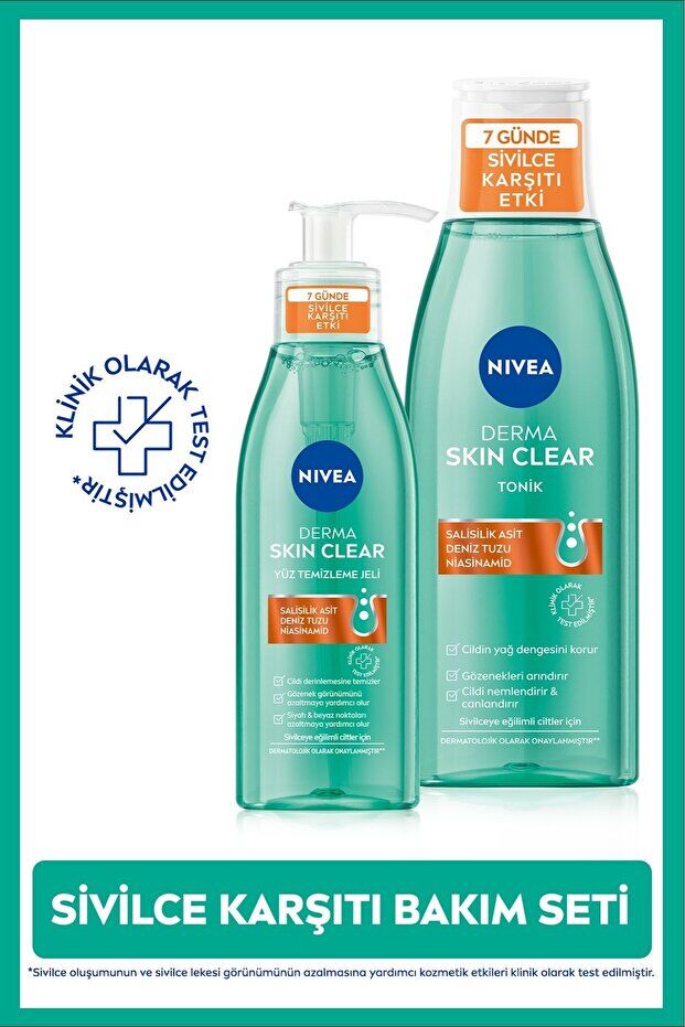 NIVEA Sivilce Karşıtı Derma Skin Clear Yüz Temizleme Jeli 150ml ve Tonik 200ml, Gözenek ve Siyah Nokta