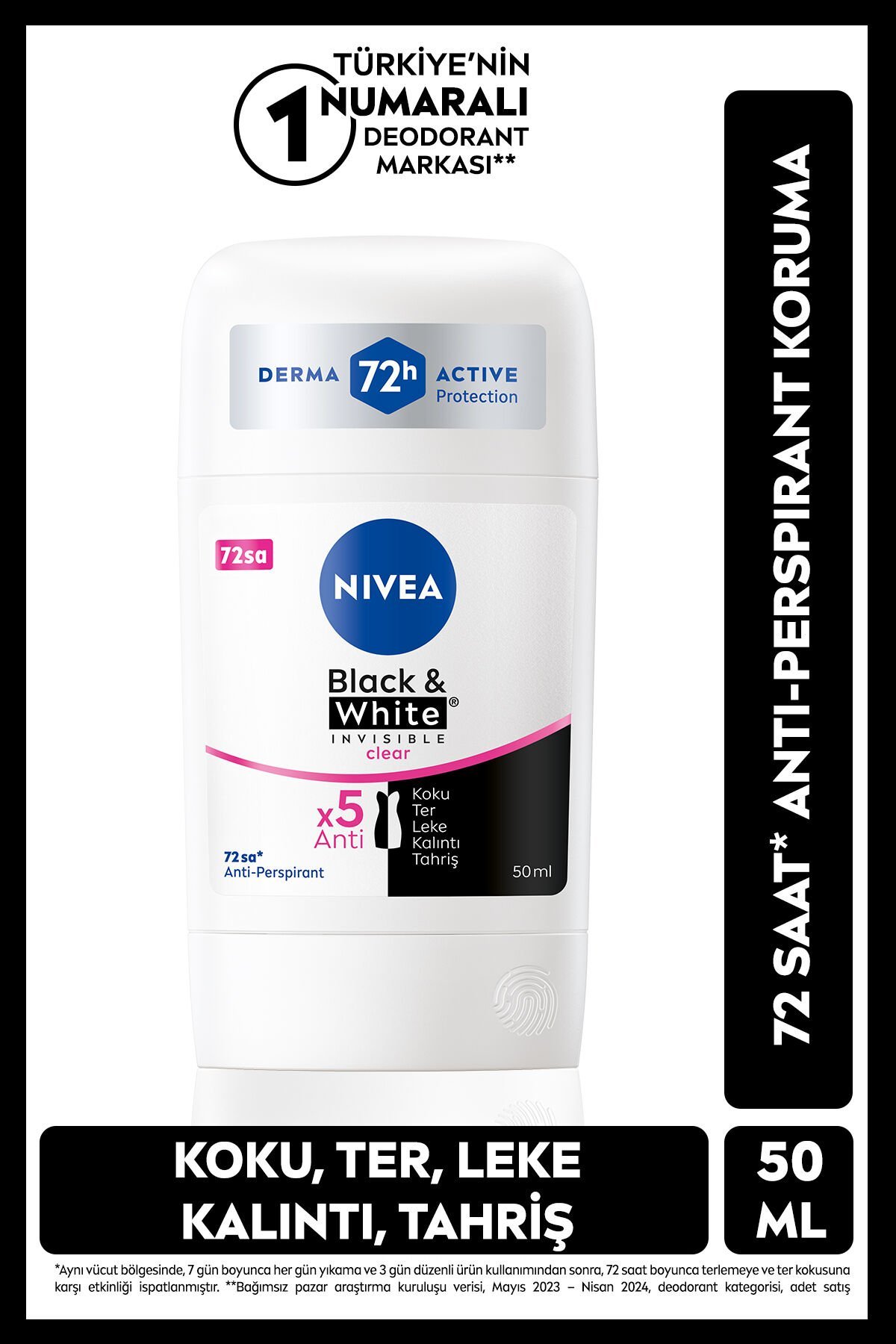 NIVEA Kadın Stick Deodorant Black&white Invisible Clear 50ml, 72 Saat Anti-perspirant Ter Koruması