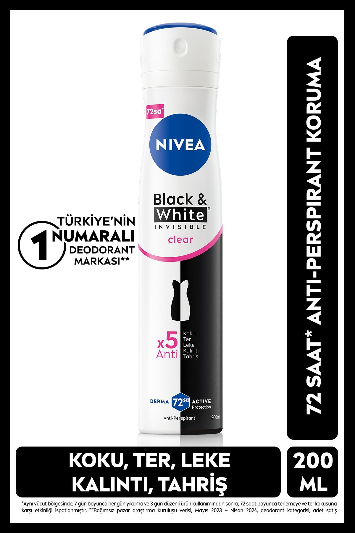 NIVEA Kadın Sprey Deodorant Black&White Invisible Clear 200ml, 72 Saat Ter Koruması, Leke Karşıtı,Alkolsüz