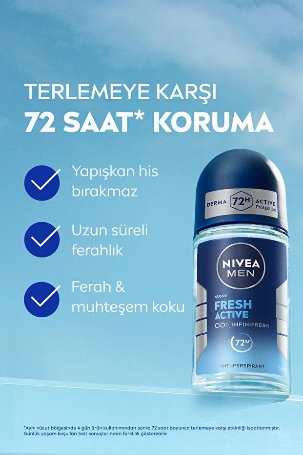 NIVEA MEN Erkek Roll-on Deodorant Fresh Active 50ml, 72 Saat Ter Koruması, Alkol İçermez, Ferahlık