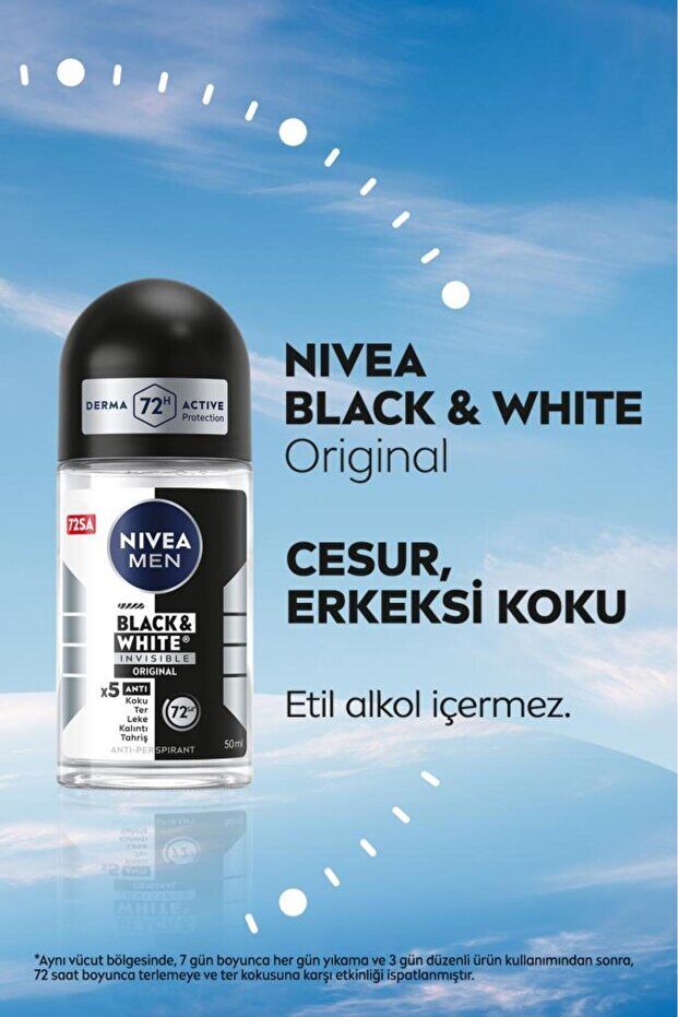 NIVEA MEN Erkek Roll on Deodorant Black&White Invisible Original 50 ml,72 Saat Anti Perspirant Koruma