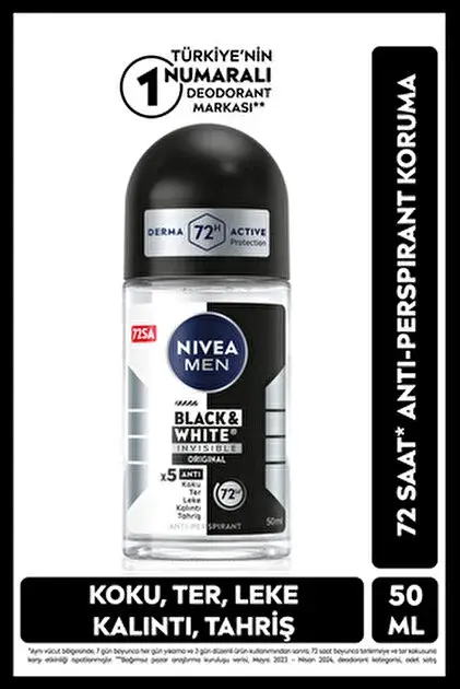 NIVEA MEN Erkek Roll on Deodorant Black&White Invisible Original 50 ml,72 Saat Anti Perspirant Koruma