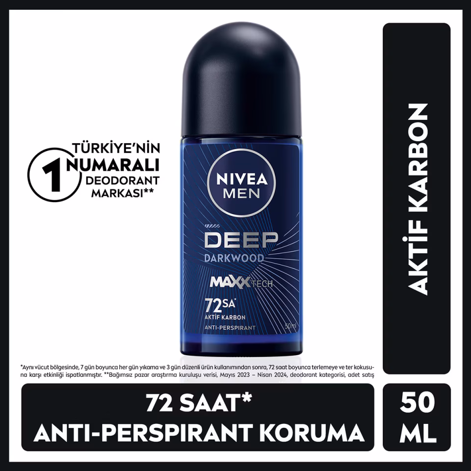 NIVEA Men Erkek Roll-on Deodorant Deep Extreme 50ml, 72 Saat Anti-perspirant Ter Koruma, Yeni Enerji
