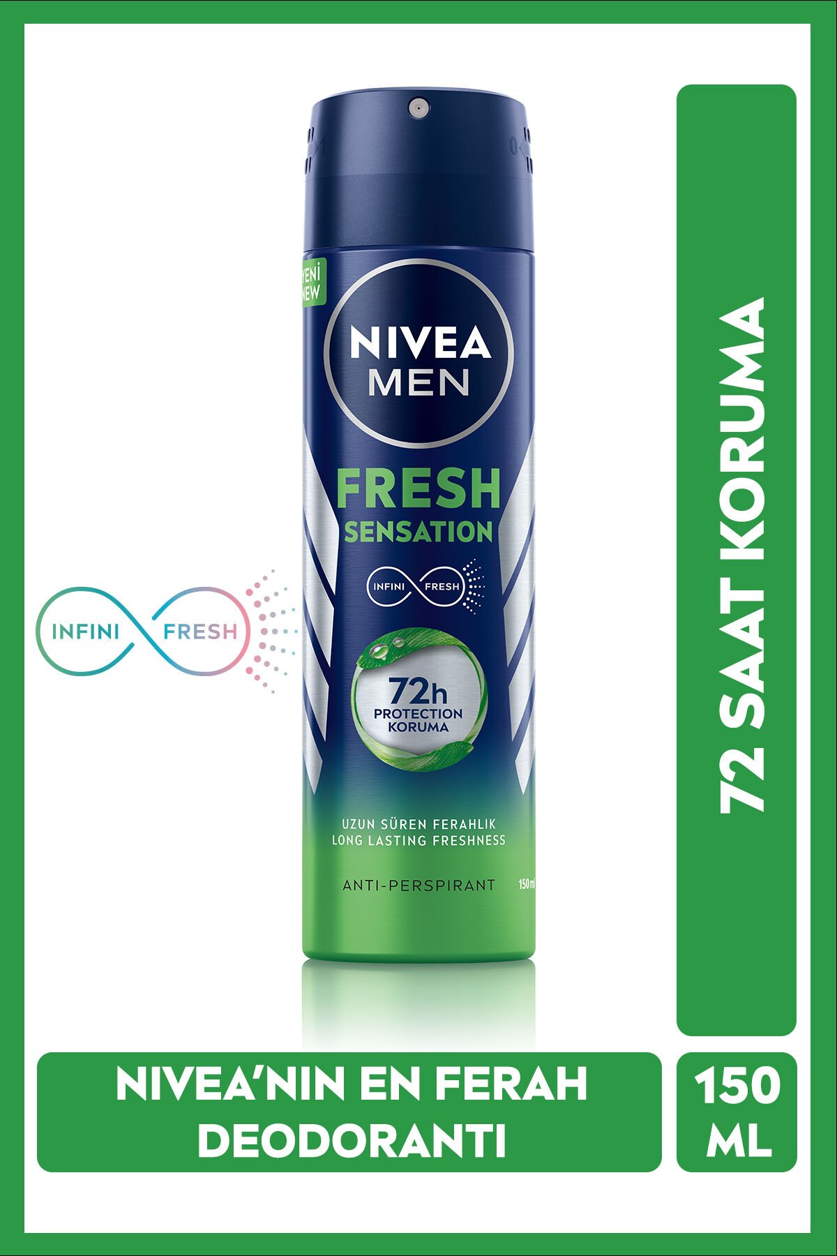 NIVEA MEN Erkek Sprey Deodorant Fresh Sensation 150ml, 72 Saat Anti-perspirant, Gün Boyu Ferahlık