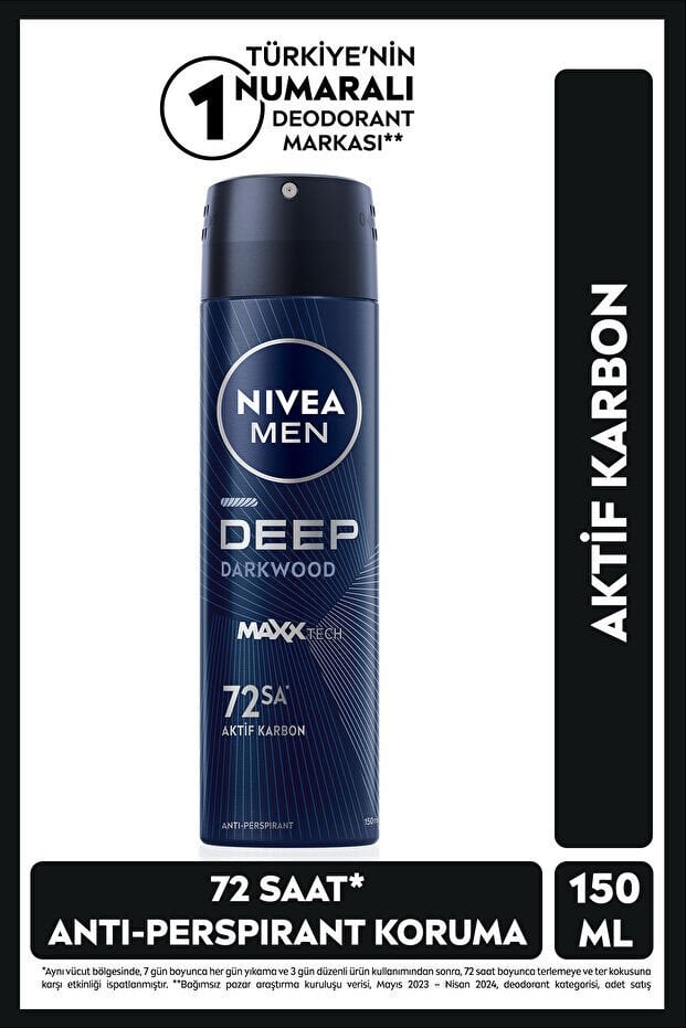NIVEA MEN Erkek Sprey Deodorant Deep Dimension Aktif Karbon 150ml, 72 Saat Anti-perspirant Ter Koruması