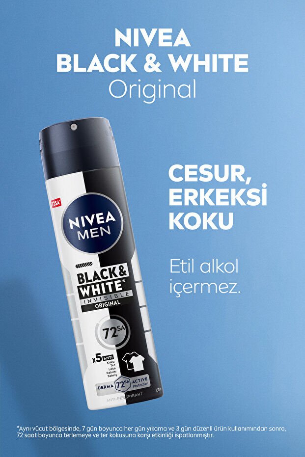 NIVEA MEN Erkek Sprey Deodorant Black&White Invisible Original,72 Saat Anti-perspirant Ter Koruma,Alkolsüz