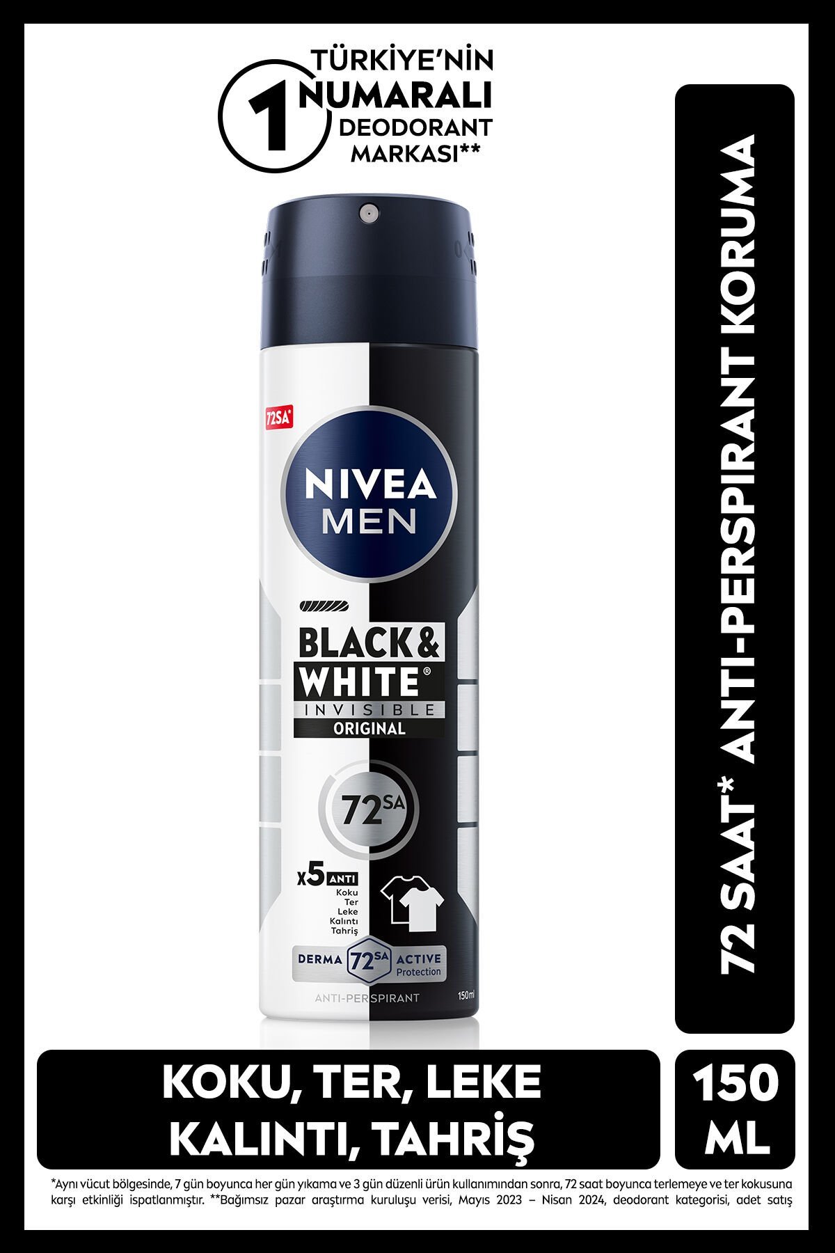 NIVEA MEN Erkek Sprey Deodorant Black&White Invisible Original,72 Saat Anti-perspirant Ter Koruma,Alkolsüz