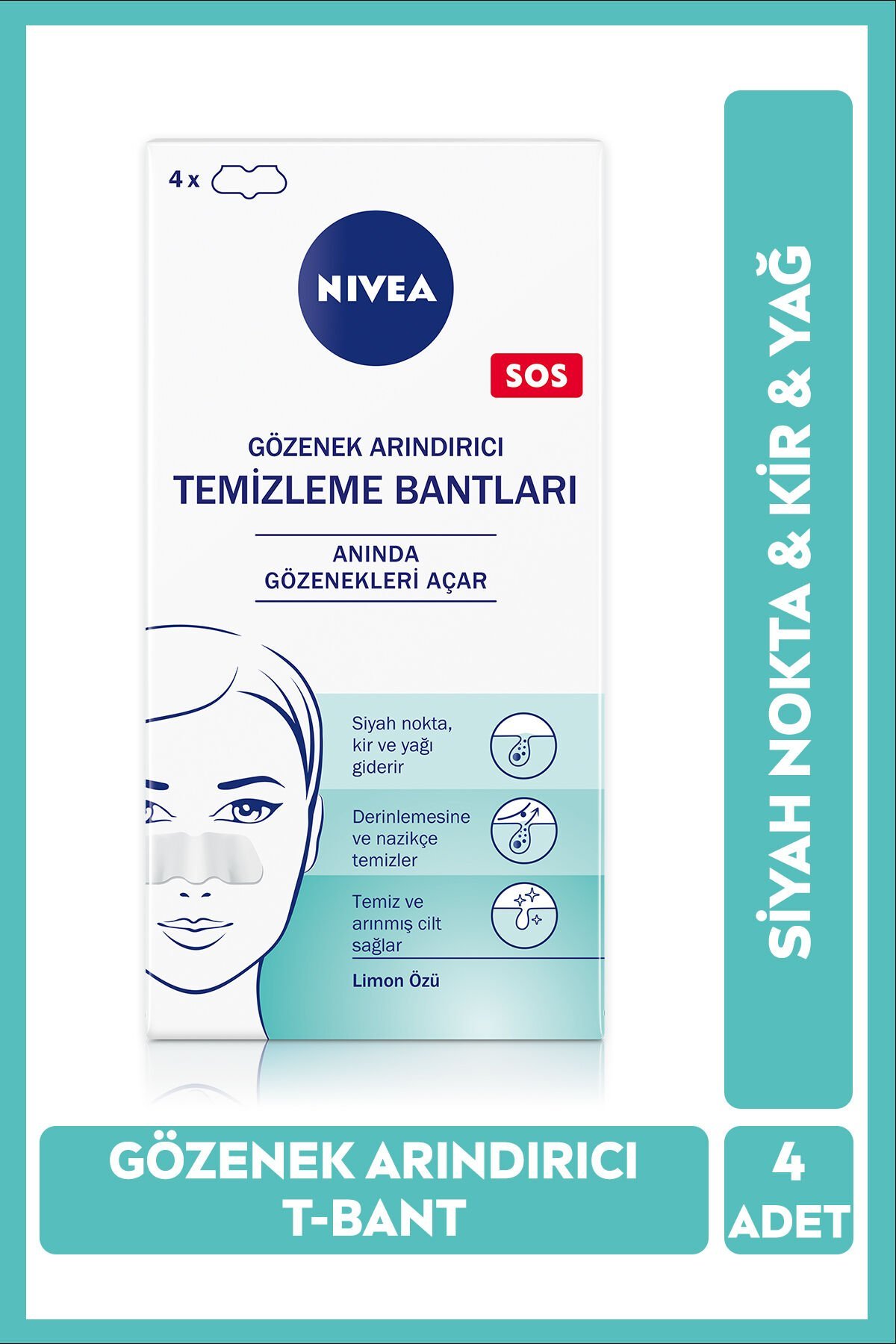 NIVEA Siyah Nokta ve Gözenek Arındırıcı Burun Bandı 4 Adet, T-Bant, Kir ve Yağ Temizleyici Yüz Bakım