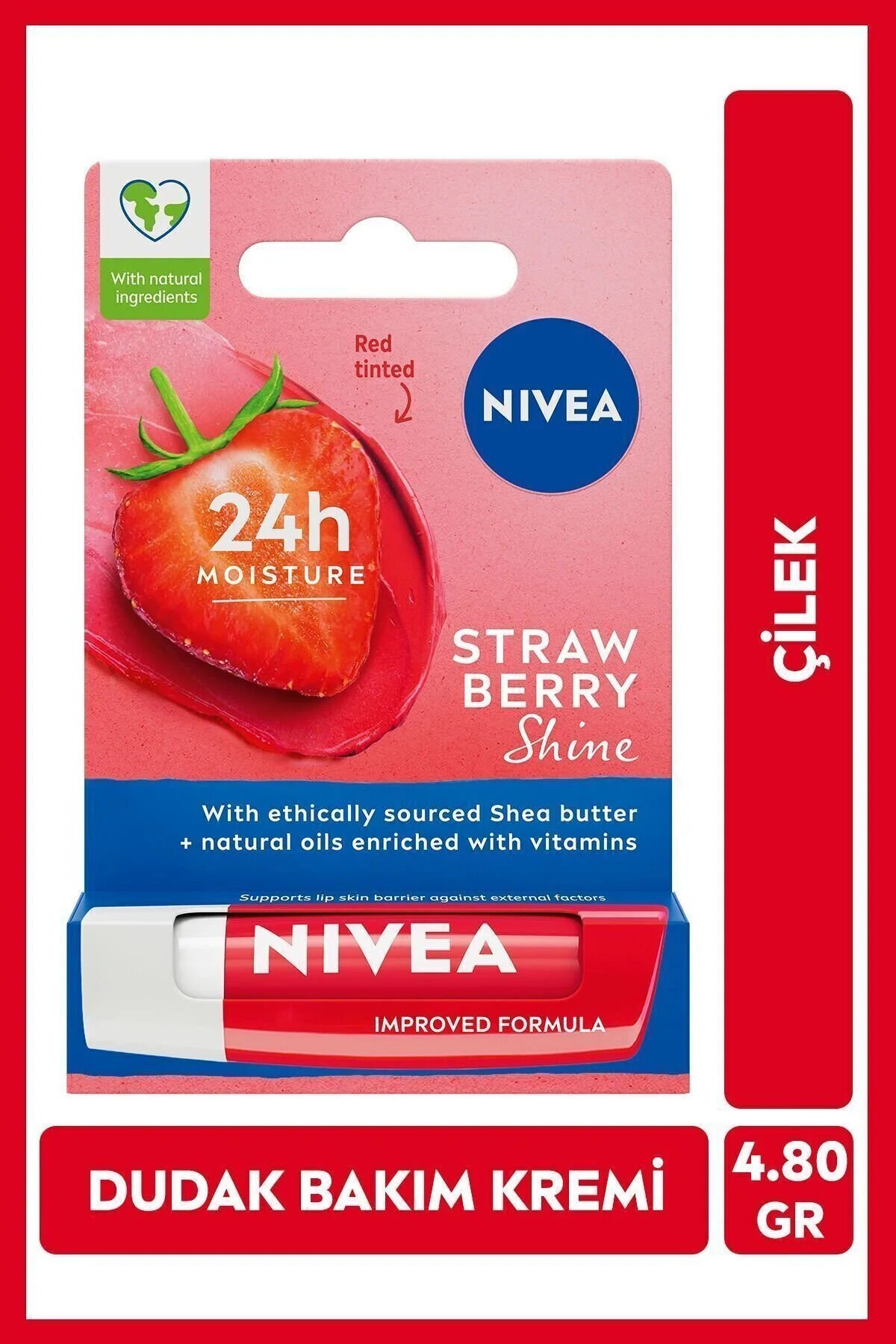 NIVEA Çilek Renkli Dudak Bakım Kremi ve Parlatıcısı 4.8gr, Nemlendirici, Hafif Kırmızı Işıltı
