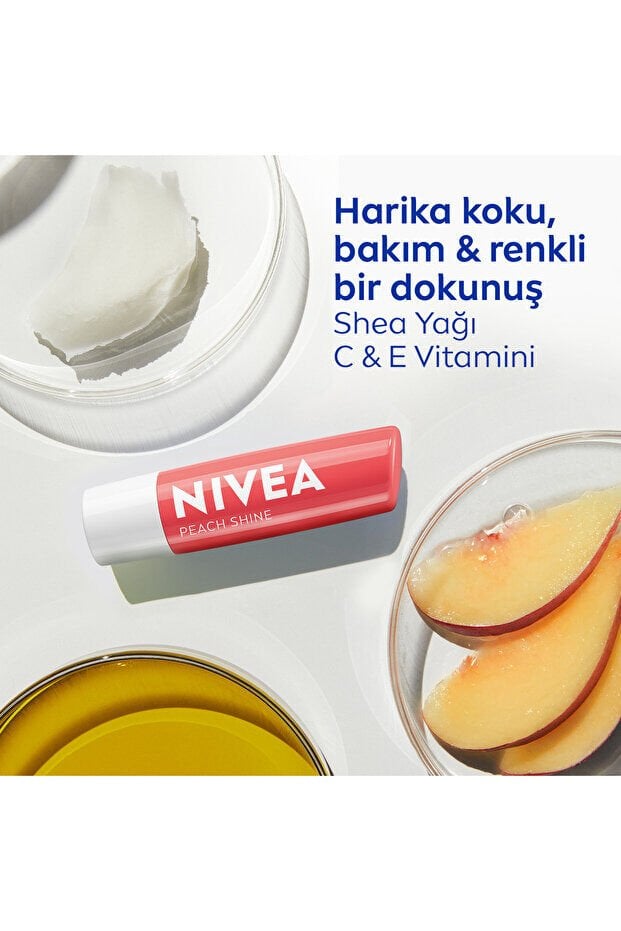 NIVEA Şeftali Nemlendirici Dudak Bakım Kremi ve Parlatıcısı 4.8gr, Şeftali Aroması, Işıltılı Mercan Renk