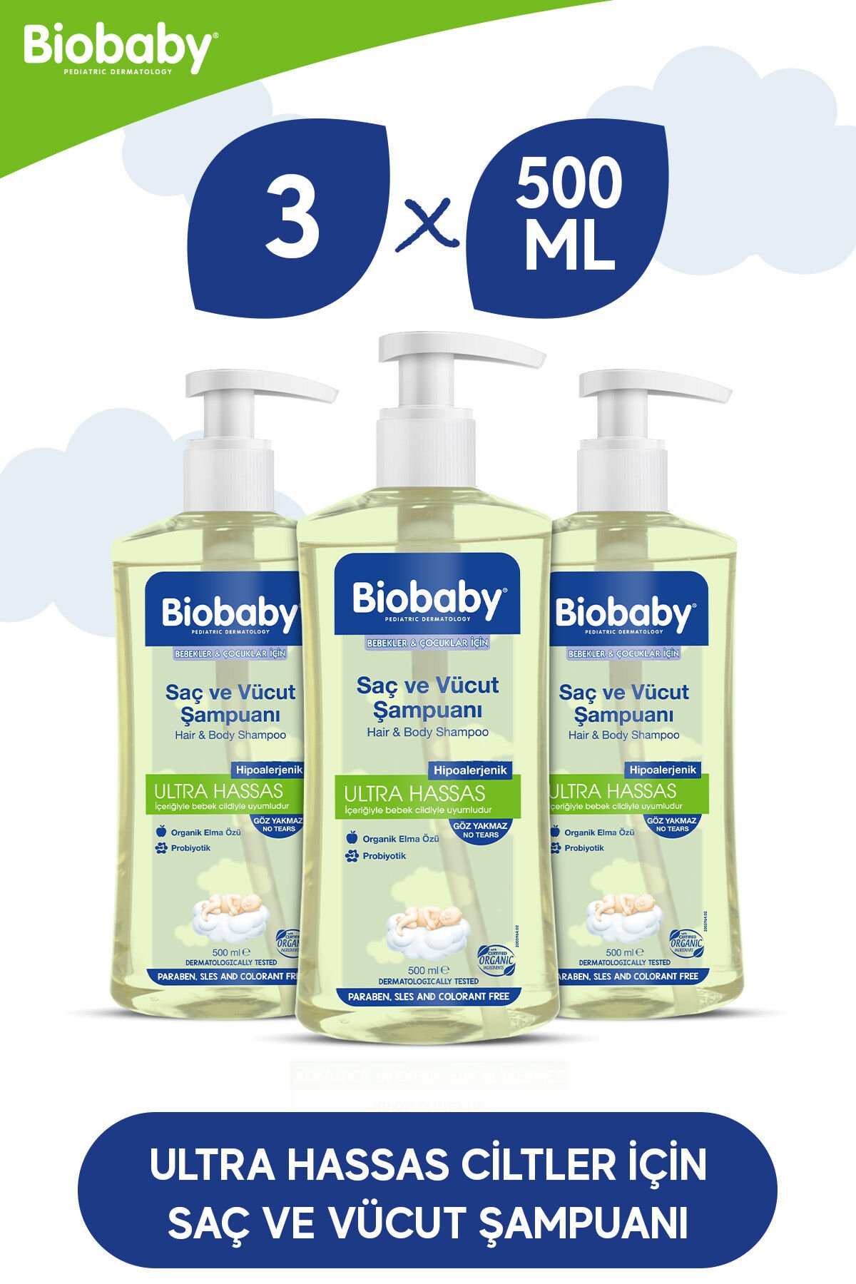 Biobaby Ultra Hassas Saç Ve Vücut Bebek Şampuanı 500 ml 3'lü Set