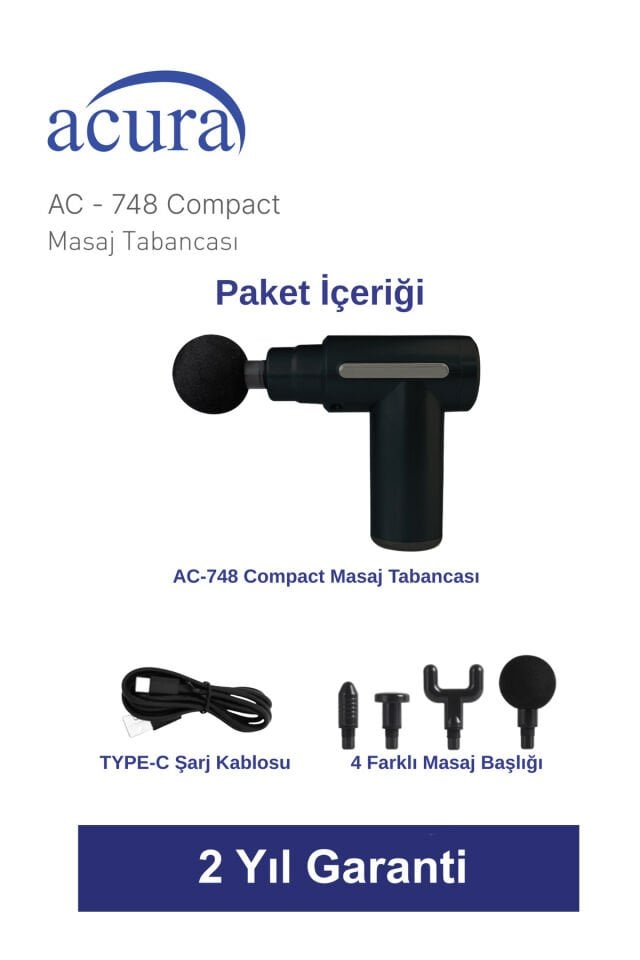 Acura AC-748 Compact 6 Kademeli 4 Başlıklı Masaj Tabancası