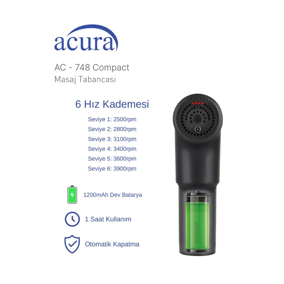 Acura AC-748 Compact 6 Kademeli 4 Başlıklı Masaj Tabancası
