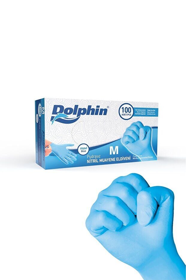 Dolphin Pudrasız Mavi Nitril Eldiven Orta Boy (M) 100 Lü Paket
