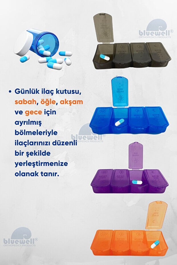 BLUEWELL Haftalık İlaç Kutusu – Günlük Bölmeli, Taşınabilir Saklama Kutusu, İlaç Organizeri