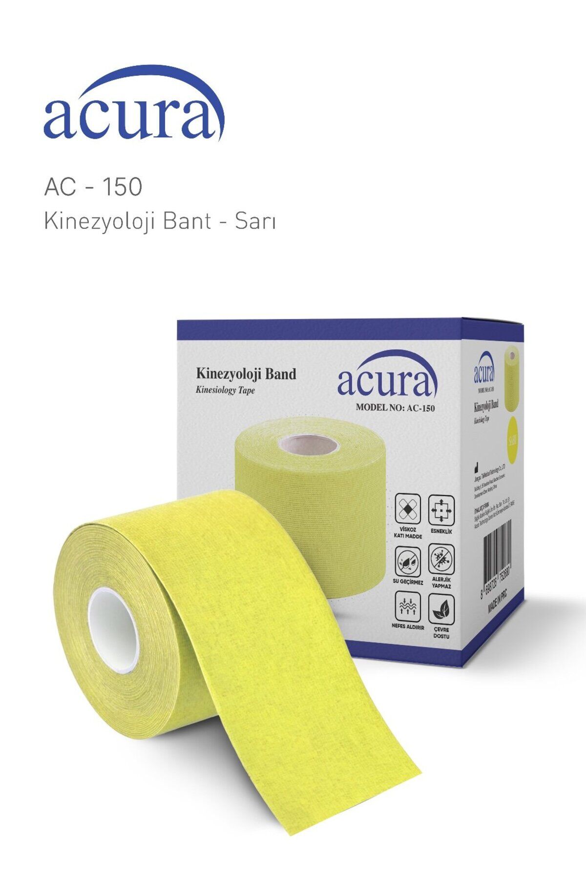 Acura Ac-150 Yüz & Vücut Uyumlu Hipoalerjenik Kinesyo Tape Ağrı Bandı 5m X 5cm Sarı Renk