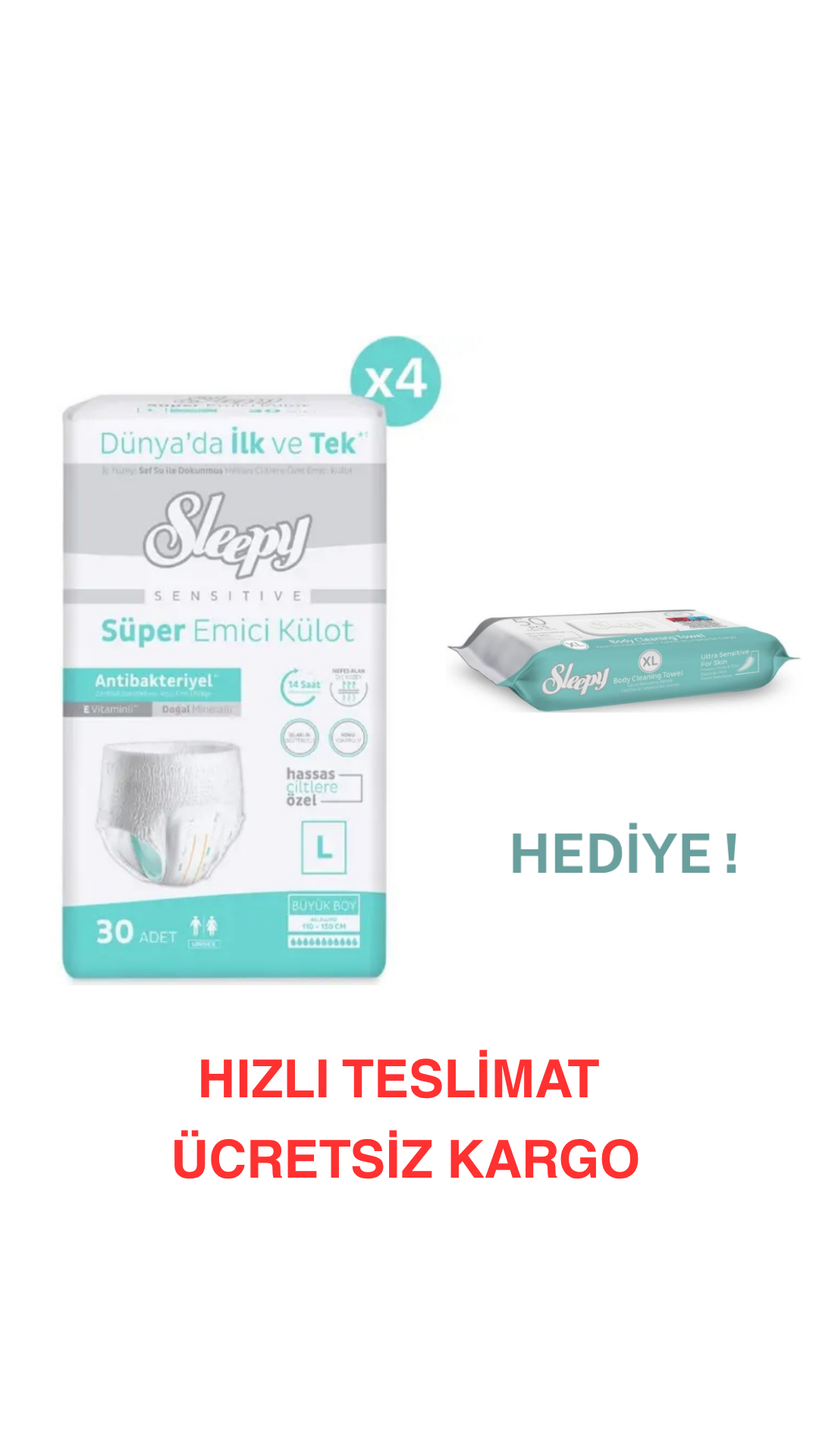 Sleepy Sensitive Antibakteriyel Emici Külot Large 30X4 120 Adet + Sleepy Vücut Temizleme Mendili Hediye ! Maksimum Emicilik & Maksimum Konfor ( EKONOMİK PAKET )