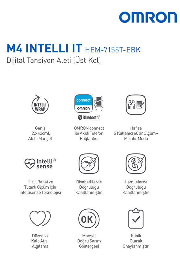 Omron M4 Intelli IT Üst Koldan Tansiyon Aleti – Bluetooth, Akıllı Manşetli, 2 Kullanıcılı, 5 Yıl Garantili