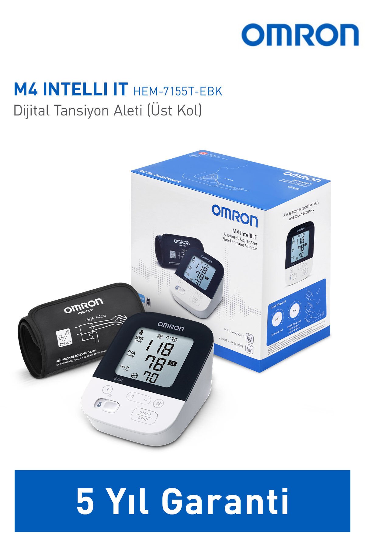 Omron M4 Intelli IT Üst Koldan Tansiyon Aleti – Bluetooth, Akıllı Manşetli, 2 Kullanıcılı, 5 Yıl Garantili