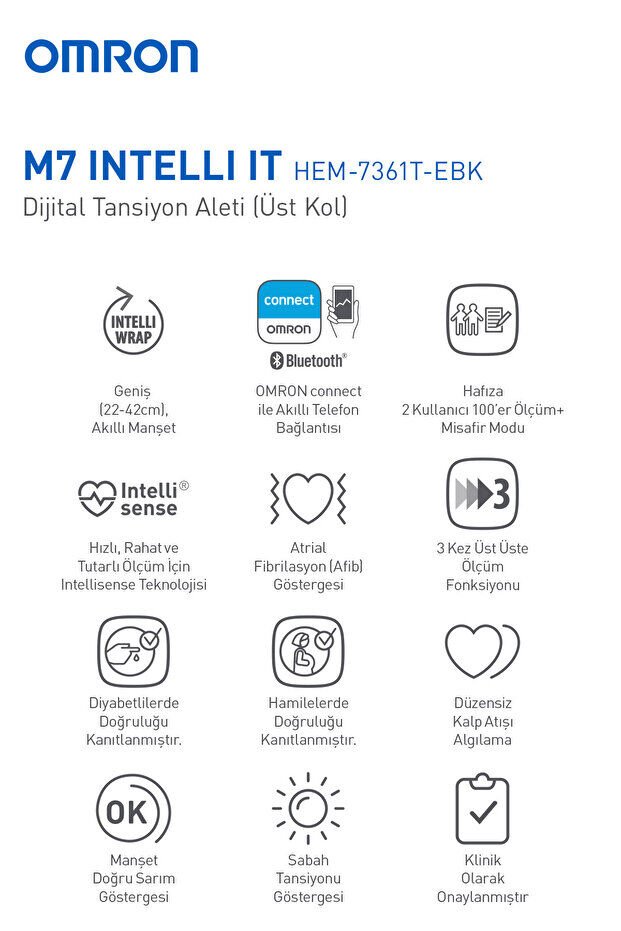 Omron M7 Intelli IT Üst Koldan Dijital Pilli Tansiyon Aleti – AFib Göstergeli, Bluetooth, Akıllı Manşetli